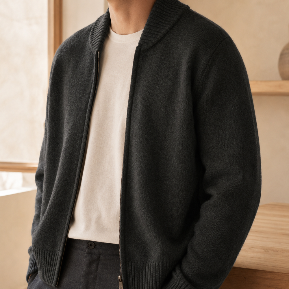The Marlow - Lambswool-Blend Shawl Cardigan in Charcoal - on model