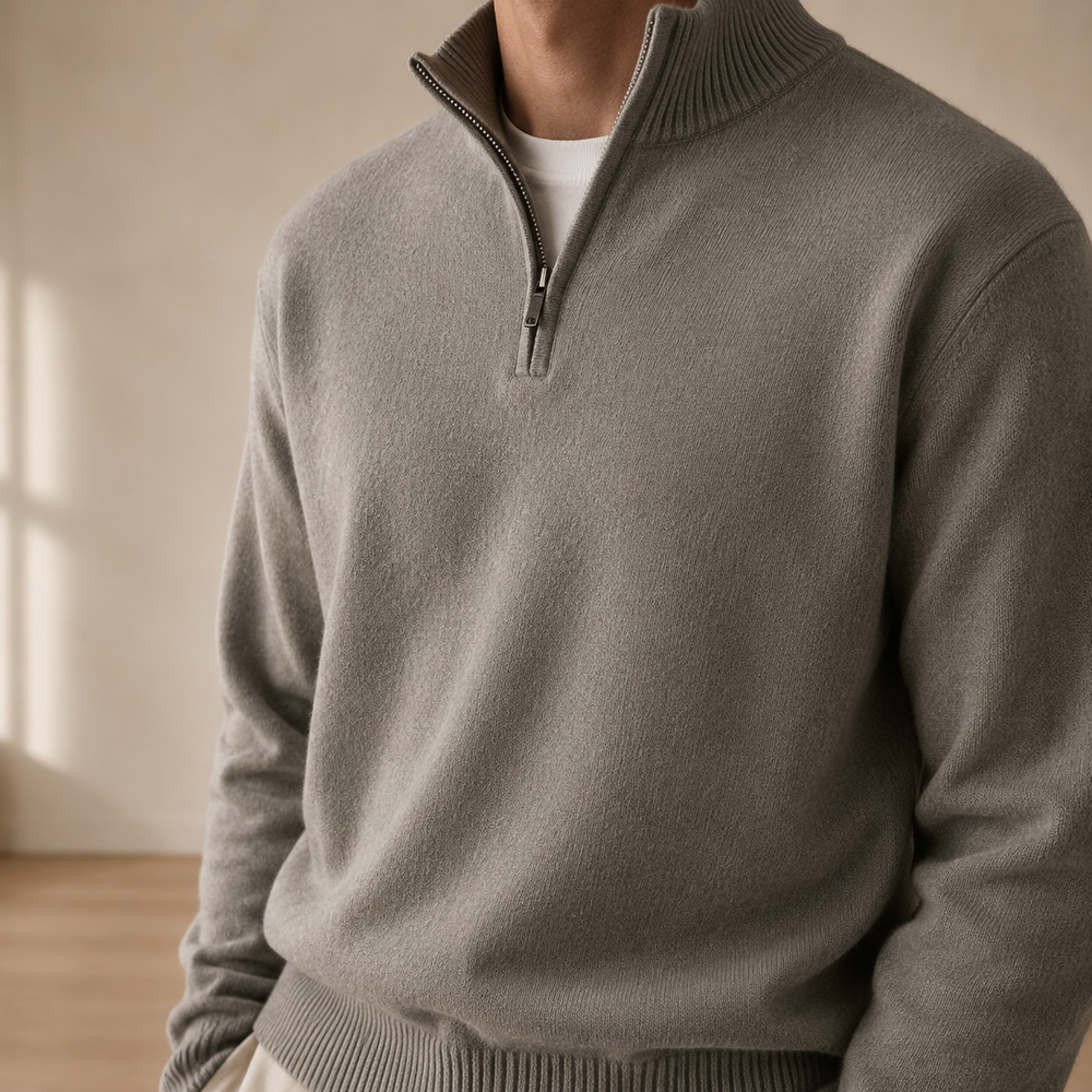 The Pembroke - Cashmere-Blend Half-Zip in Heather Grey - on model