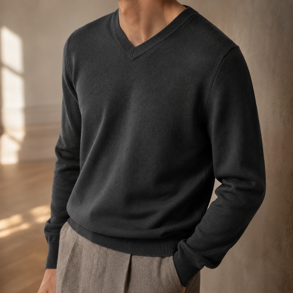 The Sterling - Merino-Blend V-Neck Sweater in Charcoal - on model