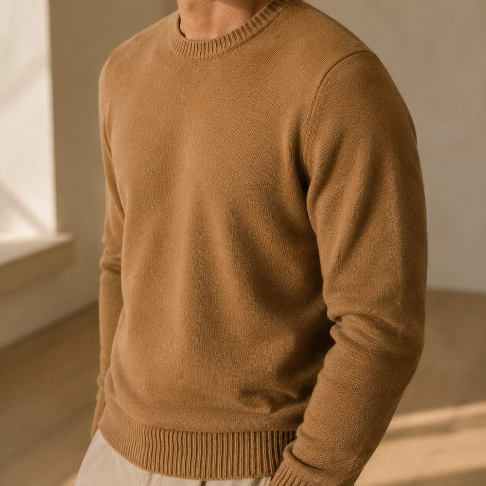 The Aldgate - Cashmere-Blend Crewneck in Camel - on model