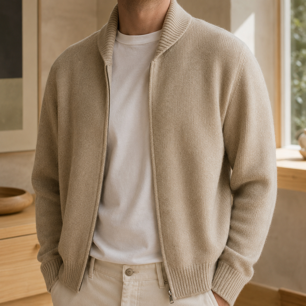 The Marlow - Lambswool-Blend Shawl Cardigan in Oatmeal - on model