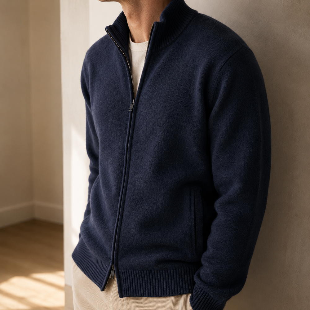 The Whitfield - Cashmere-Blend Full-Zip Cardigan in Navy - on model