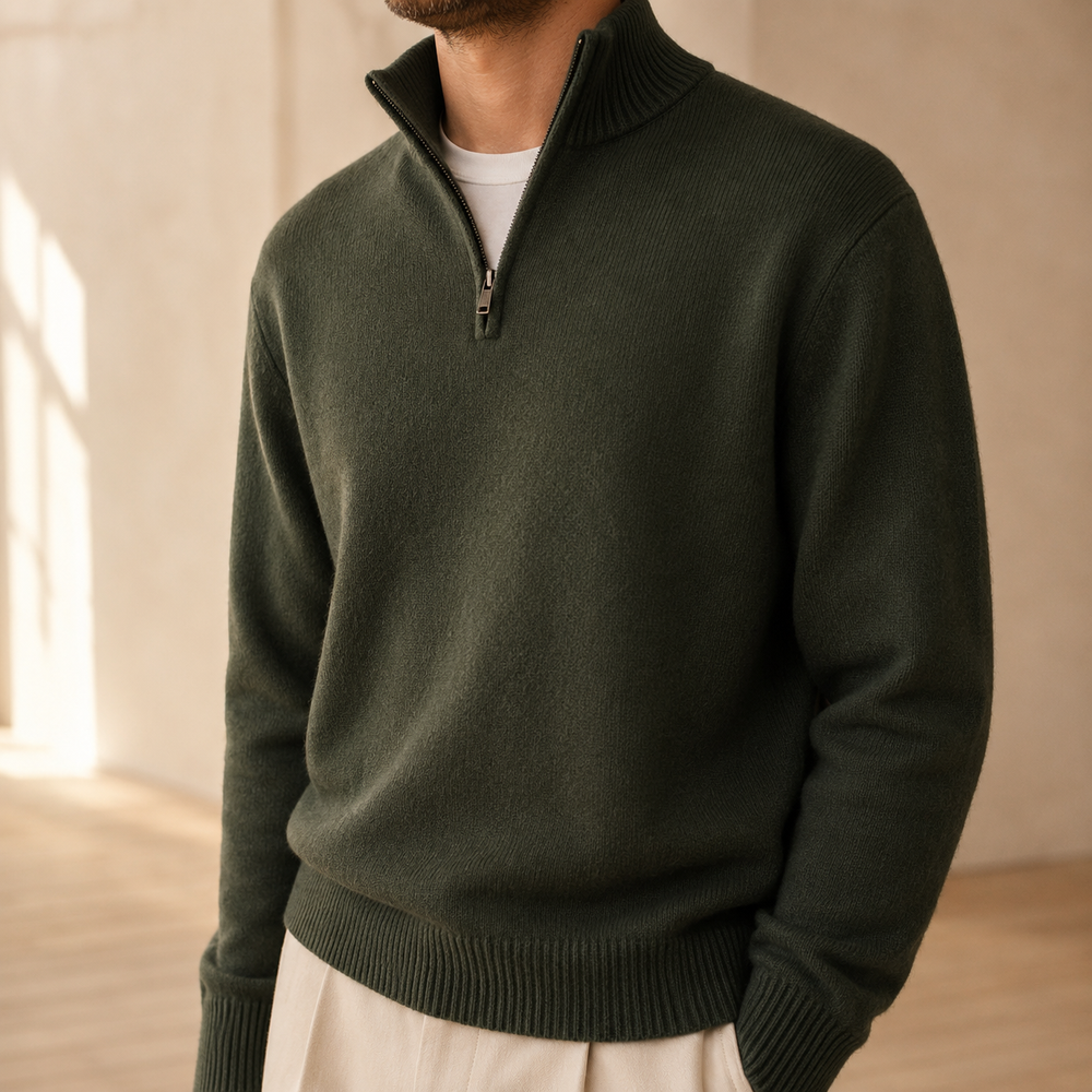 The Pembroke - Cashmere-Blend Half-Zip in Forest Green - on model