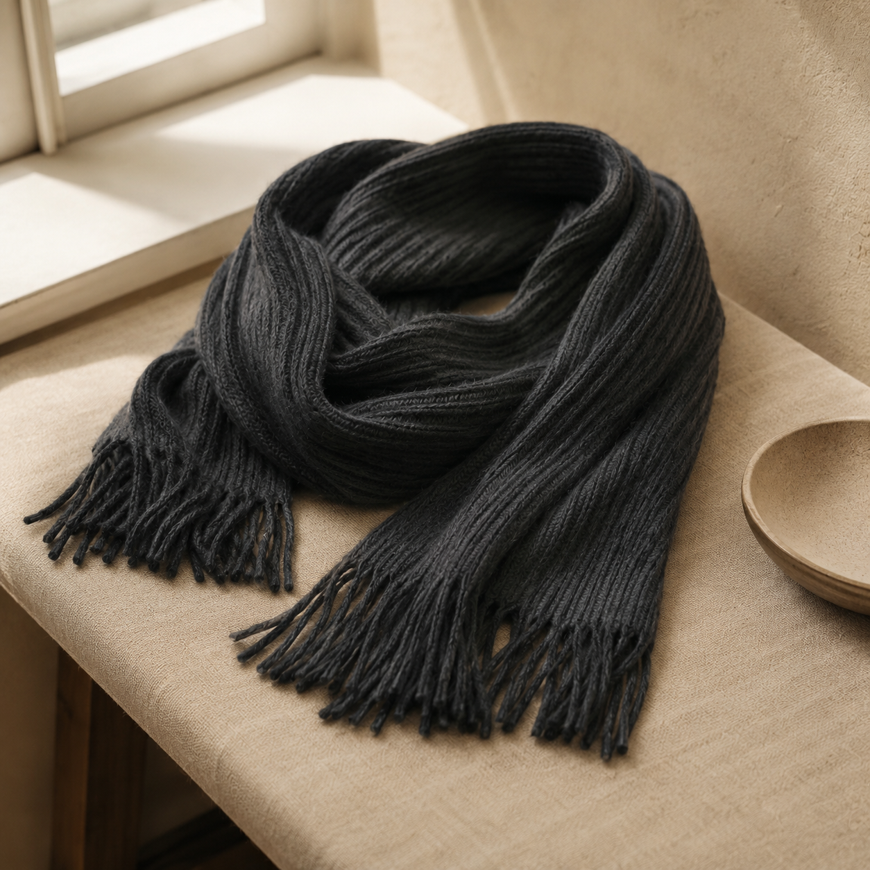 The Glenmore - Cashmere-Blend Scarf in Charcoal - styled