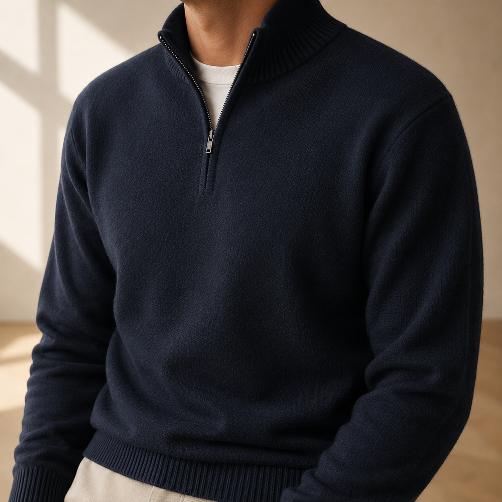 The Pembroke - Cashmere-Blend Half-Zip in Navy - on model