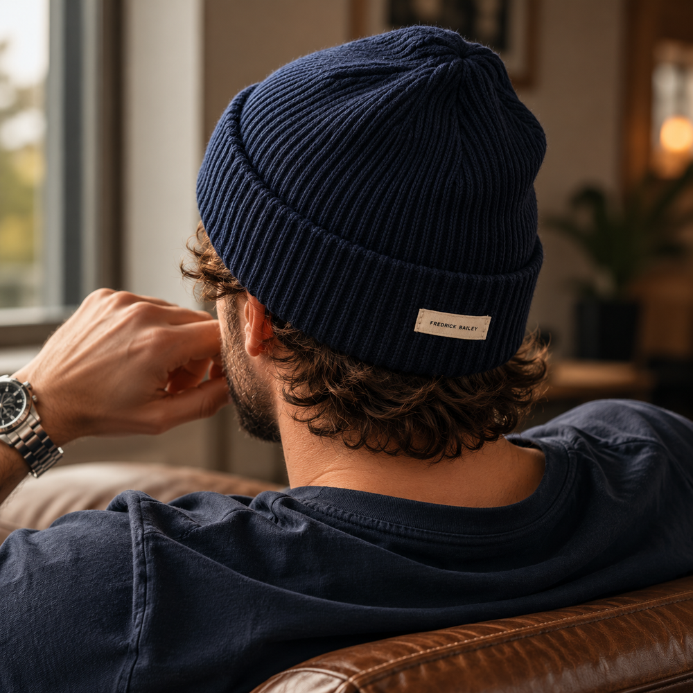 The Bramford - Cashmere-Blend Beanie in Navy - on model