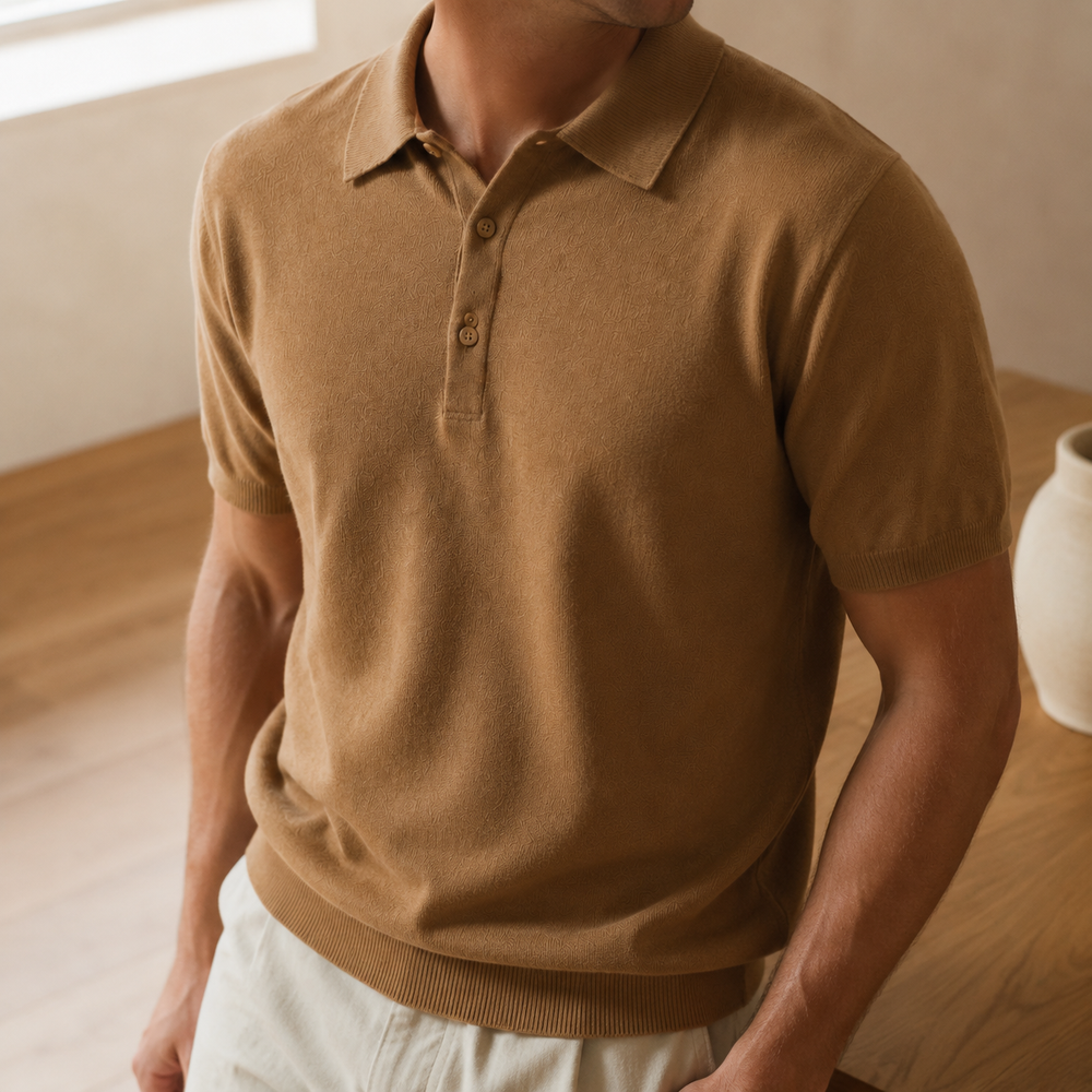 The Hawksley - Cashmere-Blend Knit Polo in Camel - on model