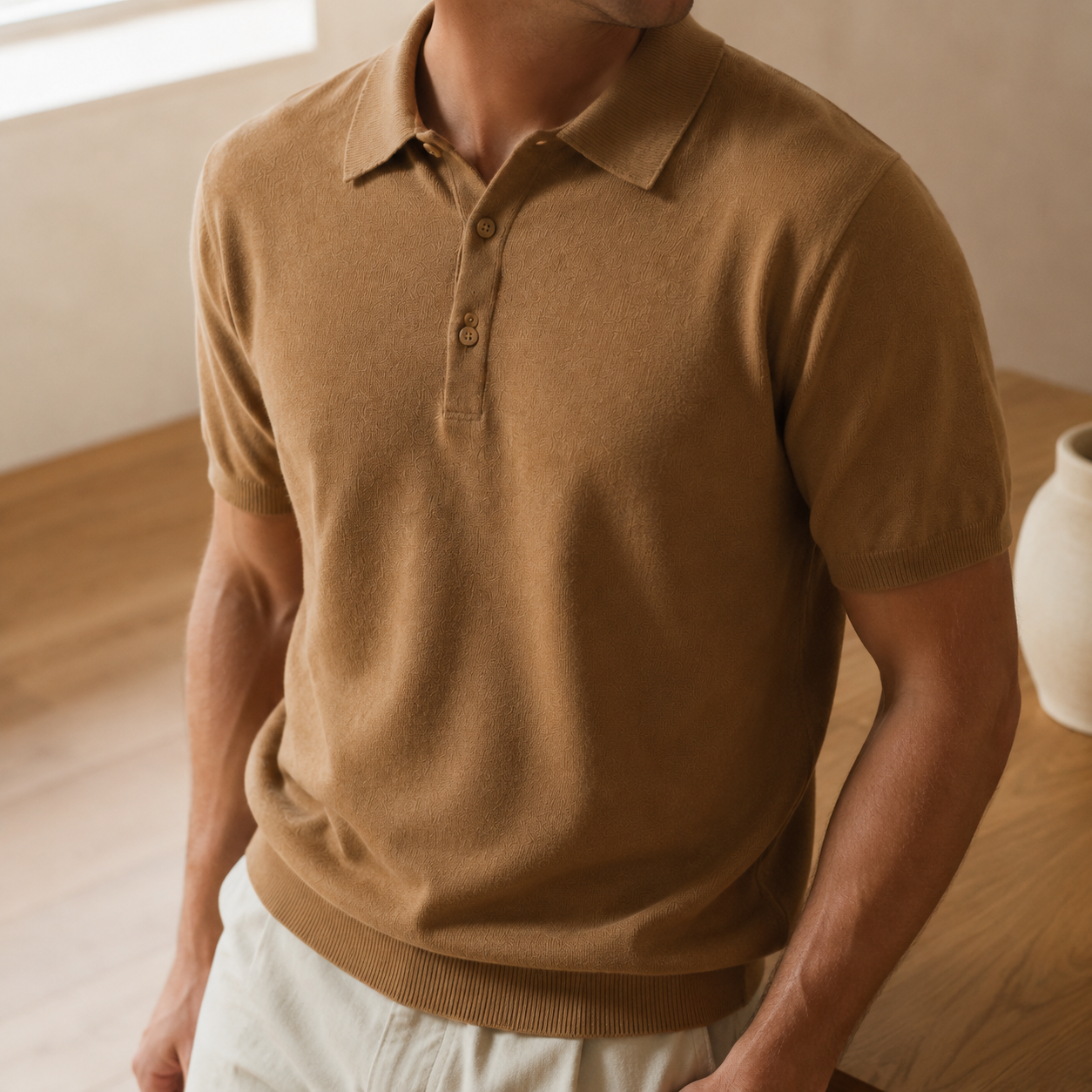 The Hawksley - Cashmere-Blend Knit Polo in Camel - on model