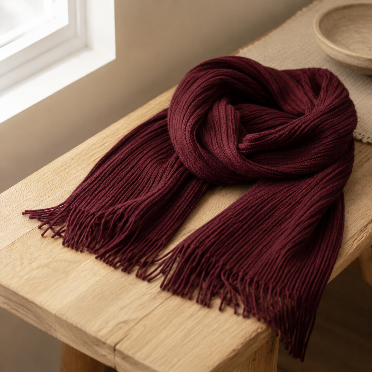 The Glenmore - Cashmere-Blend Scarf in Burgundy - styled
