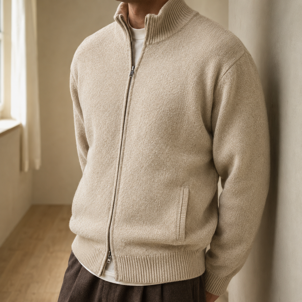 The Whitfield - Cashmere-Blend Full-Zip Cardigan in Oatmeal - on model