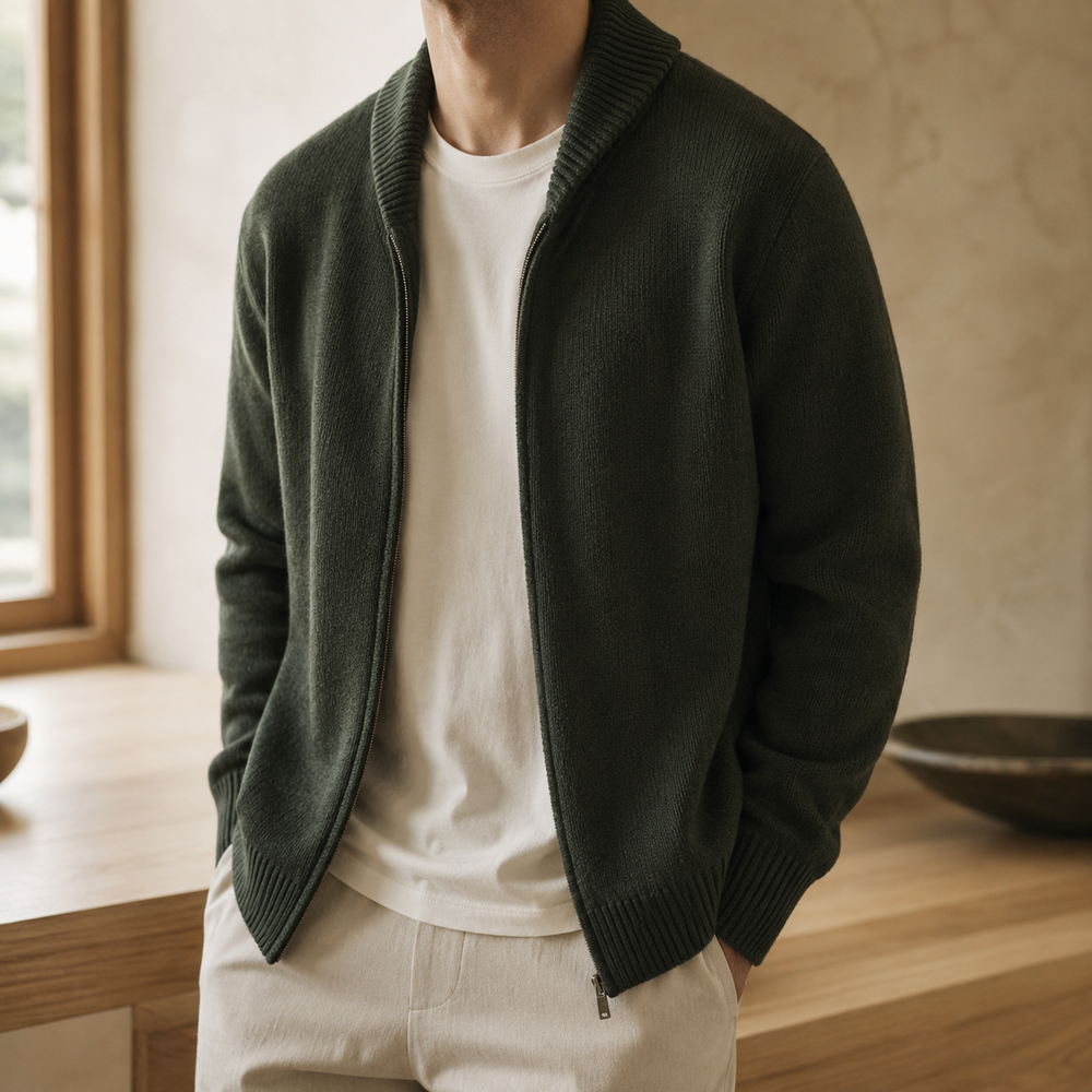 The Marlow - Lambswool-Blend Shawl Cardigan in Forest - on model