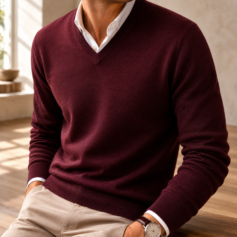 The Sterling - Merino-Blend V-Neck Sweater in Burgundy - on model