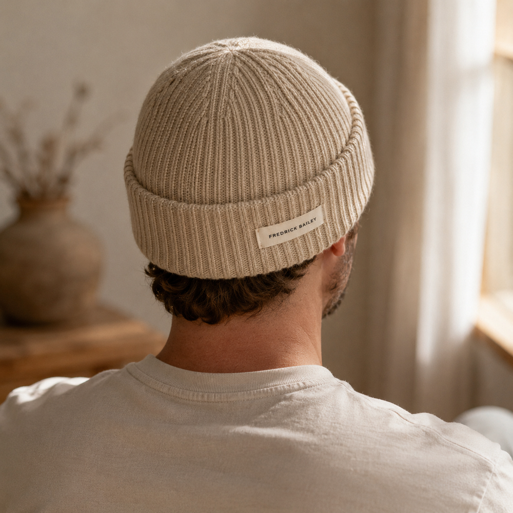 The Bramford - Cashmere-Blend Beanie in Oatmeal - on model