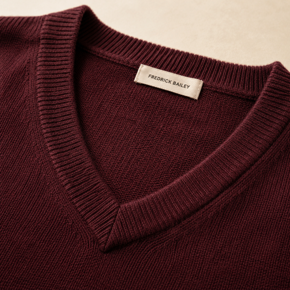 The Sterling - Merino-Blend V-Neck Sweater in Burgundy - detail