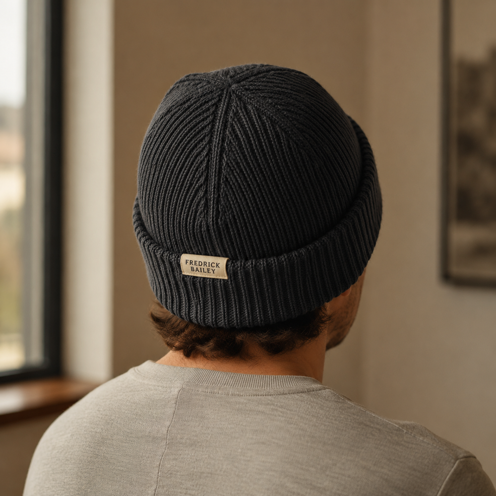 The Bramford - Cashmere-Blend Beanie in Charcoal - on model