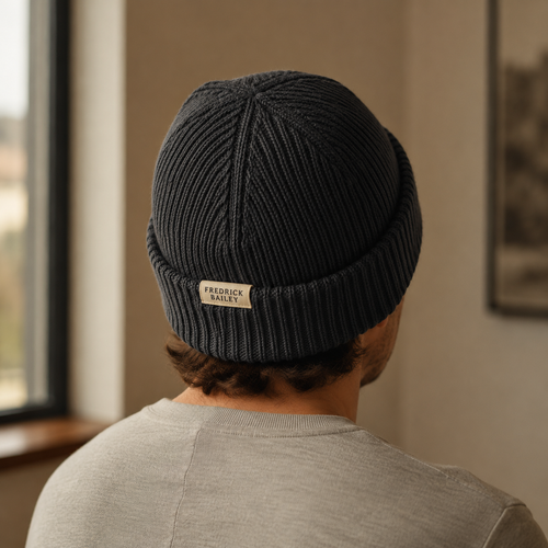 The Bramford - Cashmere-Blend Beanie in Charcoal - on model