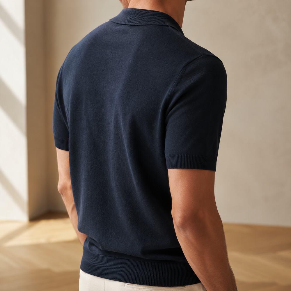 The Hawksley - Cashmere-Blend Knit Polo in Navy - on model